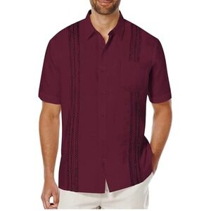 COOFANDY Mens Burgundy Guayabera Cuban Camp‎ Shirt Casual Short Sleeve XL